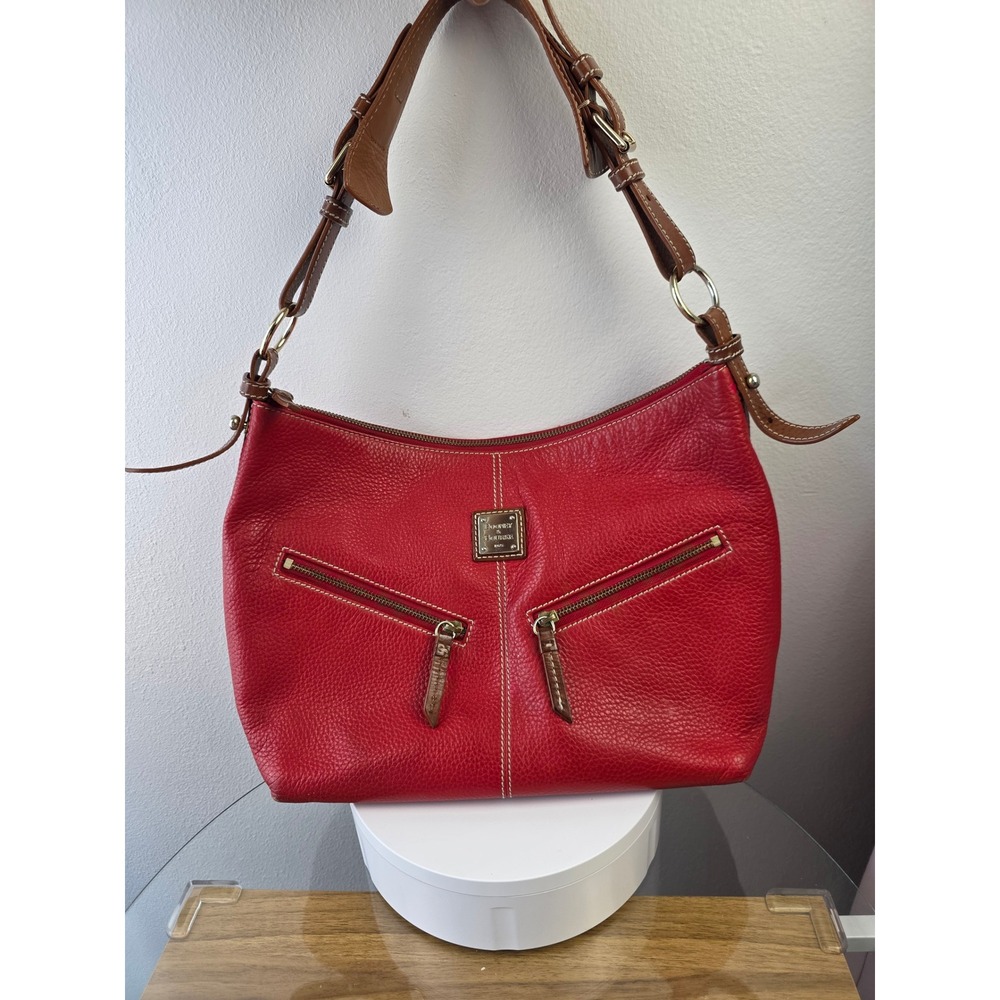 Dooney & Bourke Red Pebbled Leather Hobo Shoulder Bag Two Front Zip Pockets